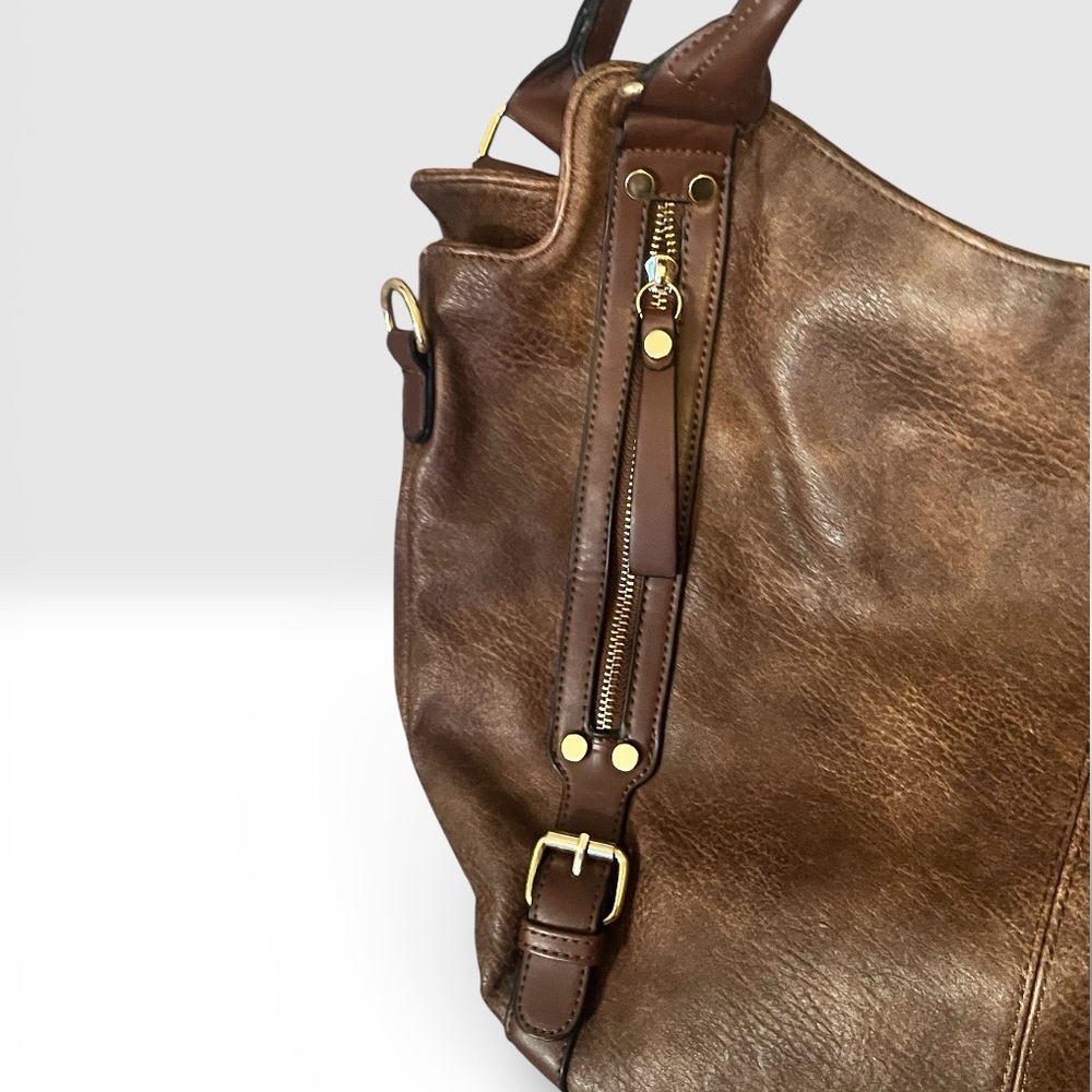 Large Brown Faux Leather Handbag 9X13 Multi-Compartment Tote Zippers - Picture 2 of 6